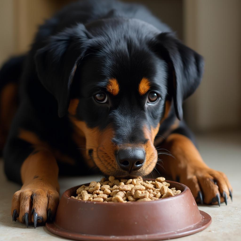 A Rottweiler enjoys a meal of premium dog food