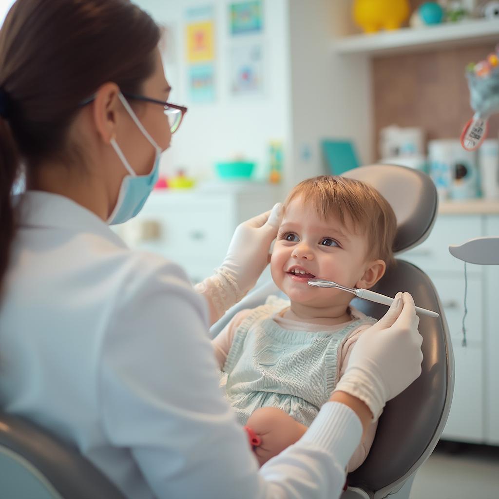 Toddler having their teeth examined by a dentist