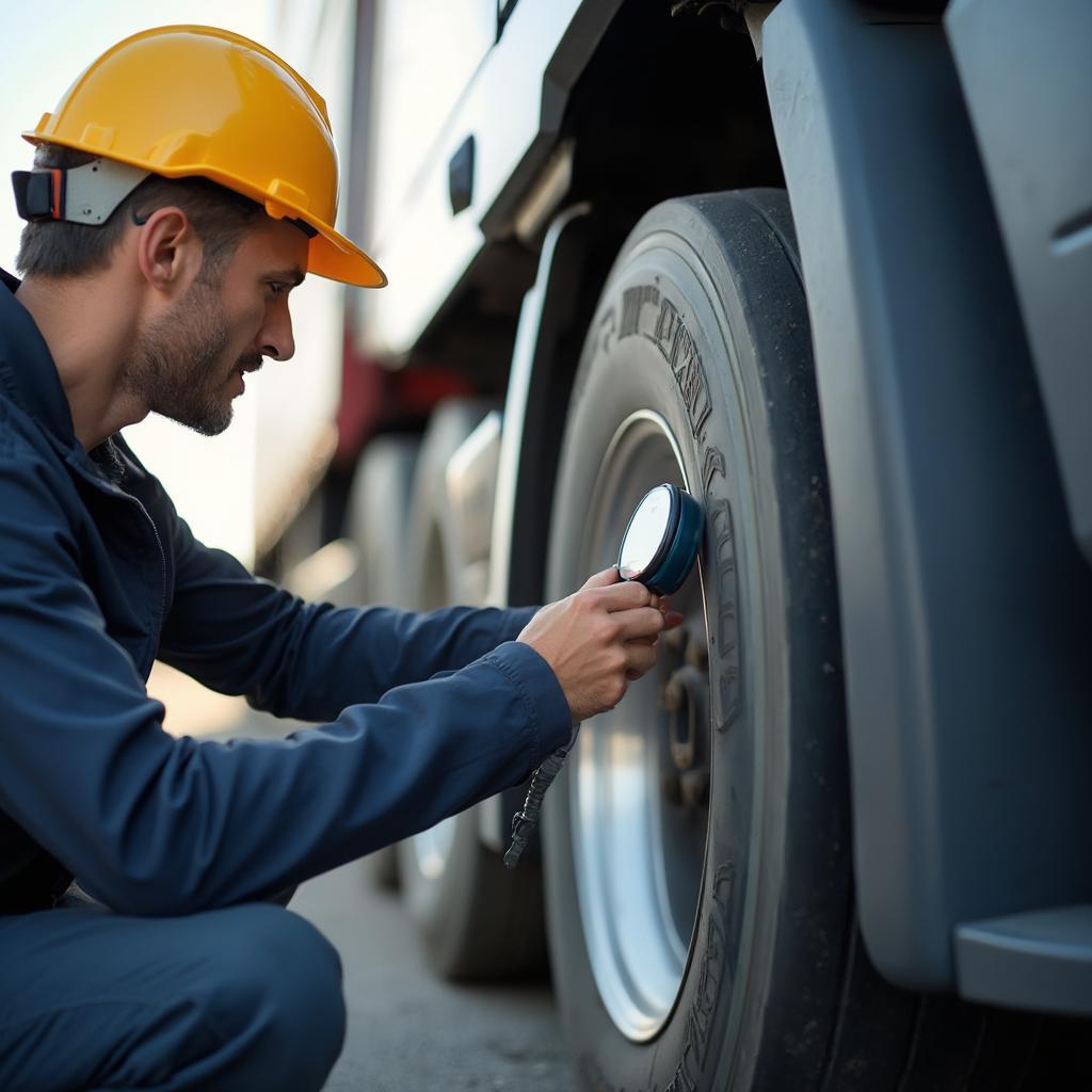 Truck driver checking tire pressure