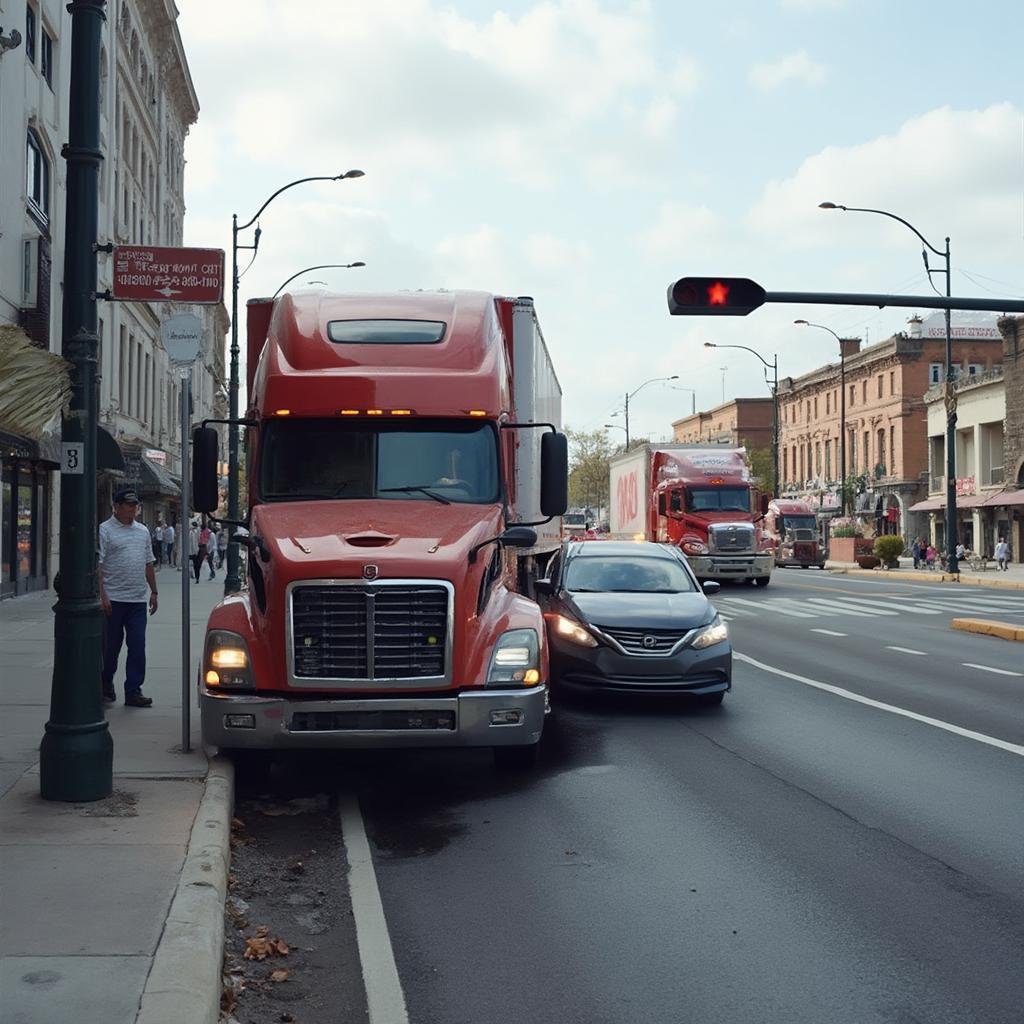 Truck tipping over onto a car at an intersection