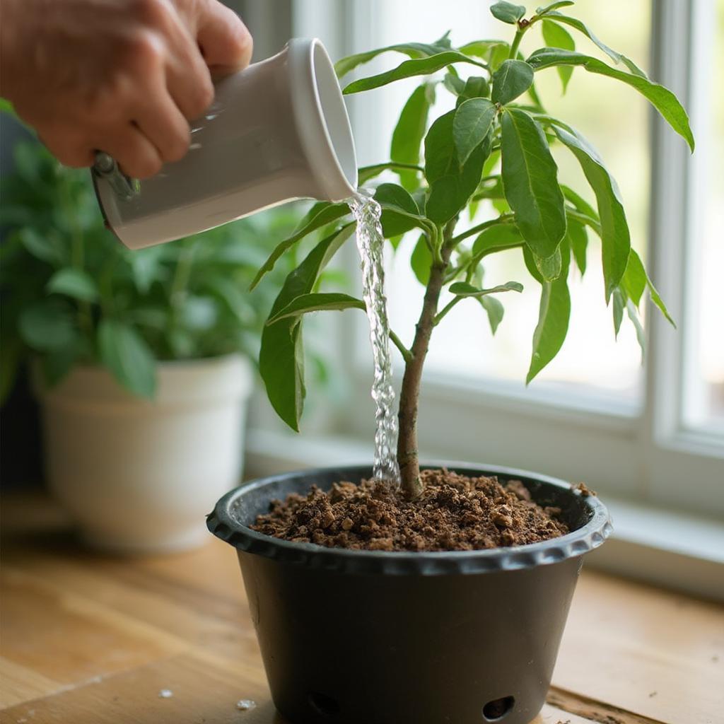 Demonstrating the correct way to water a pachira aquatica, ensuring the soil is evenly moist.