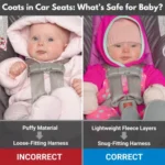 Children in car seats, one with a puffy coat and one without