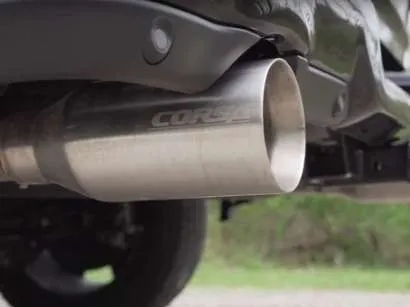 alt text: A close-up view of a Corsa Performance cold air intake installed in a vehicle's engine bay.