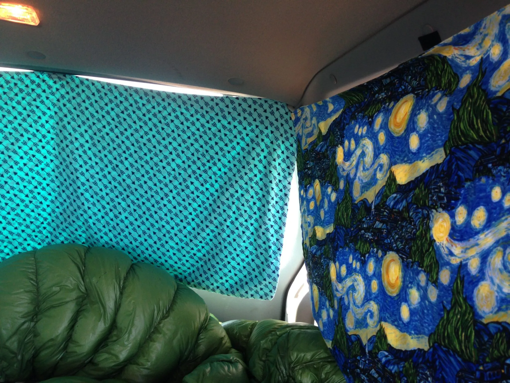 Homemade curtains for living out of a car.